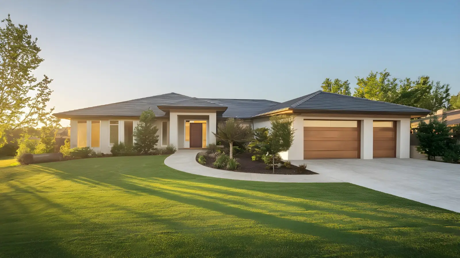 Modern single-storey Australian family home at golden hour with a manicured lawn