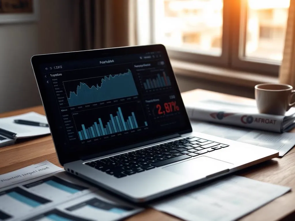Laptop displaying suburb property market charts and analysis reports