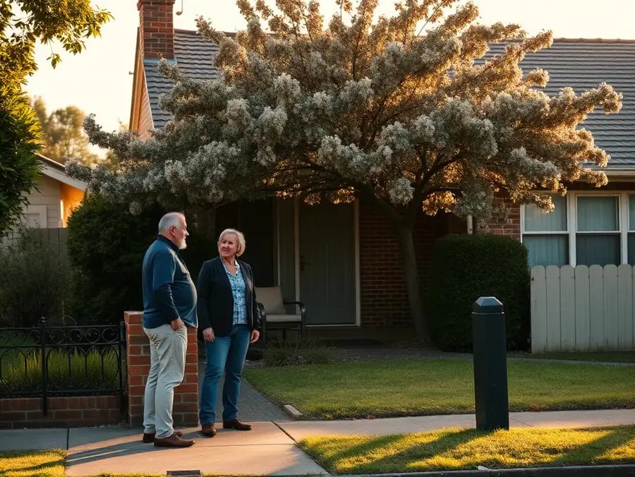 Two local residents chatting on the footpath outside a suburban brick home