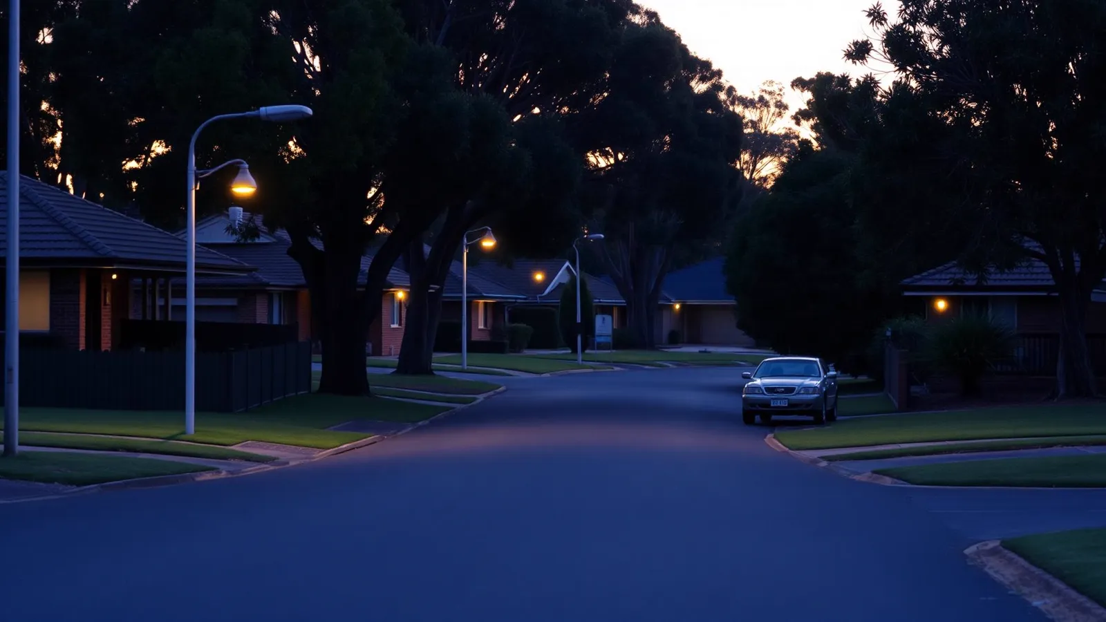 Quiet Australian suburban cul-de-sac at dusk with red-brick homes and gum trees