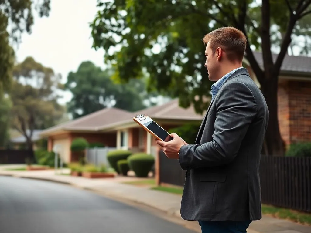 Buyer's agent inspecting a suburban street with a clipboard